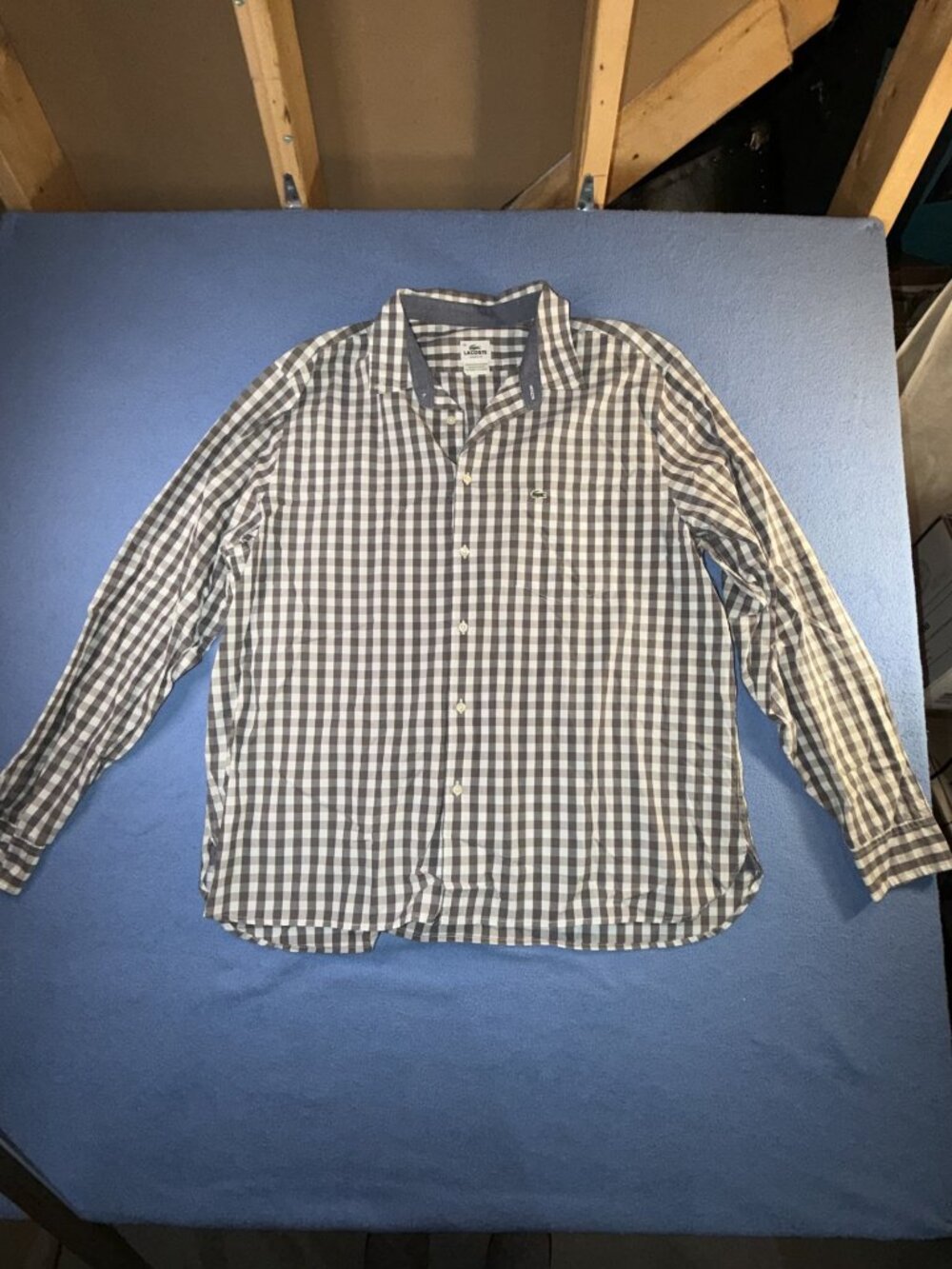 Lacoste Men's Gingham Checkered Long Sleeve Button Down Shirt Size 46 Gray/Tan